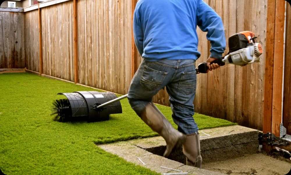 professional installer using expert equipment to lay artificial turf in a residential yard.