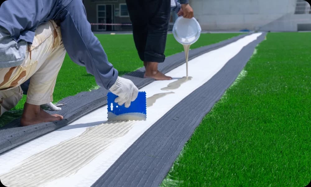 Man pouring polyurethane adhesive for strong bond artificial turf installation