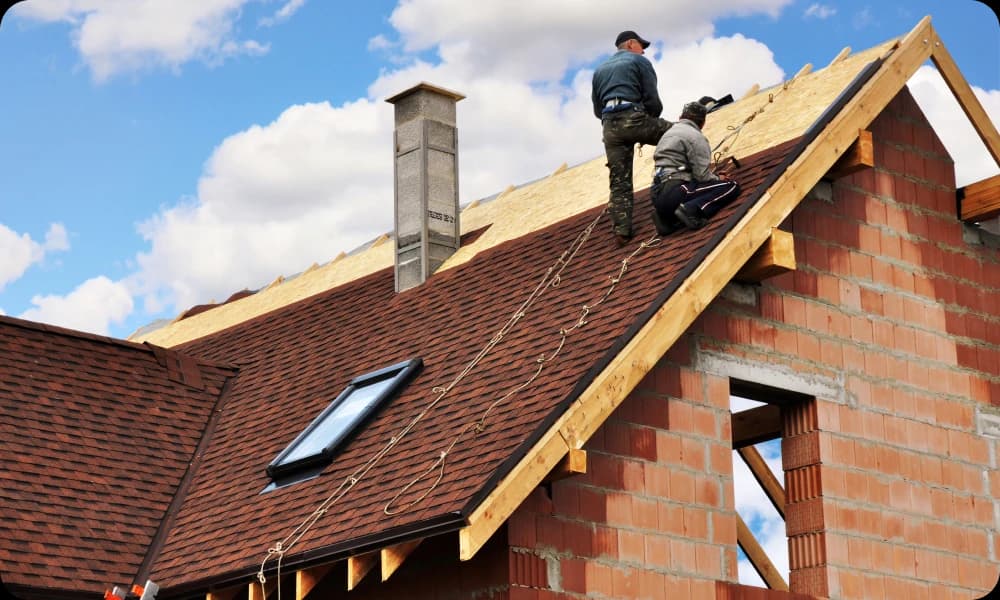 two roofing specialists installing asphalt shingles on roof